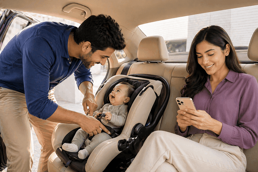Father secures baby in car seat while mother uses phone in car backseat.