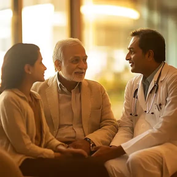 An elderly man and young woman listen to a smiling doctor in a healthcare setting.