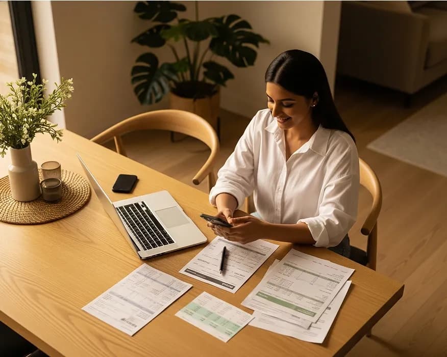 Woman in white shirt smiling while checking phone, surrounded by papers and laptop.
